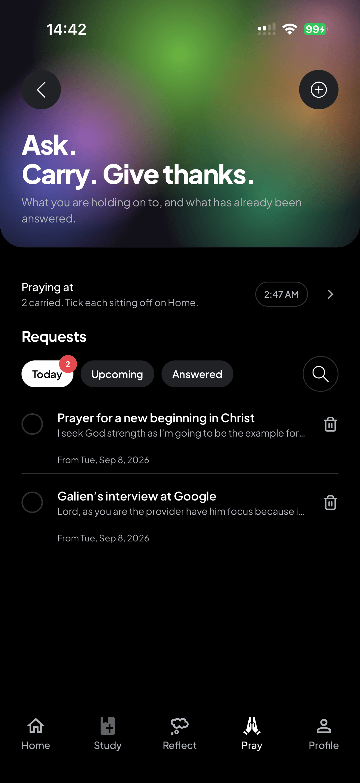 The prayer list in HolyFit.