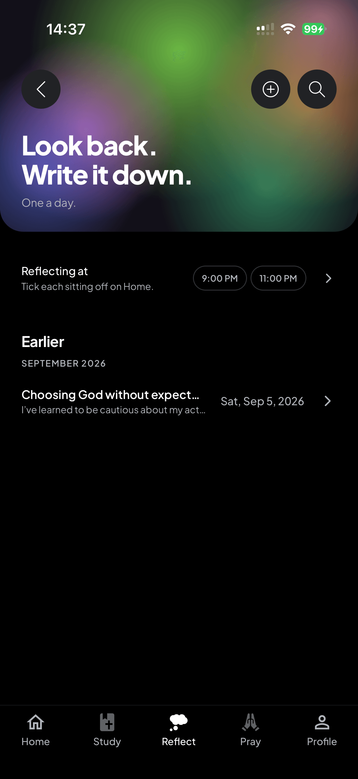 The reflection journal in HolyFit, one entry a day.