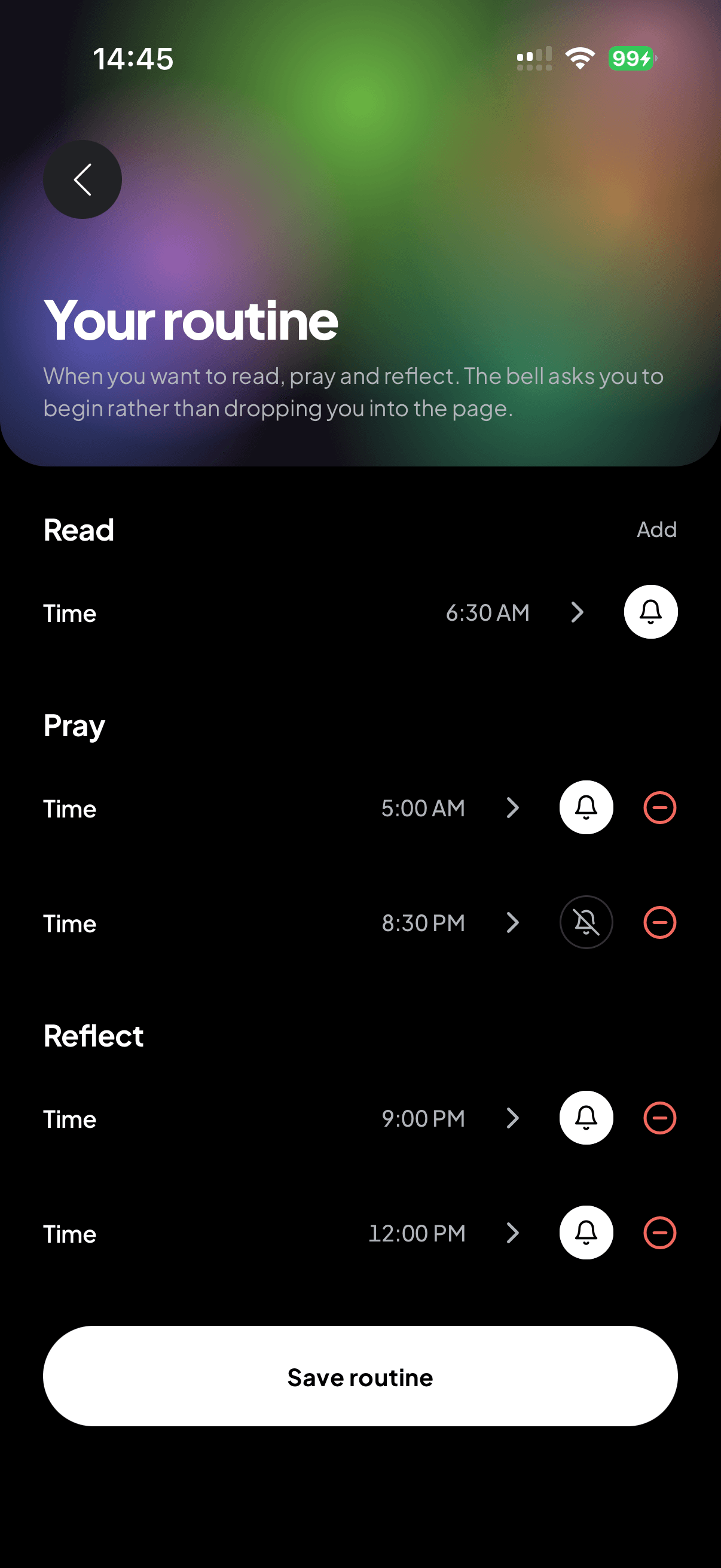 Setting a routine in HolyFit: reading, prayer and reflection, each at an hour you choose.